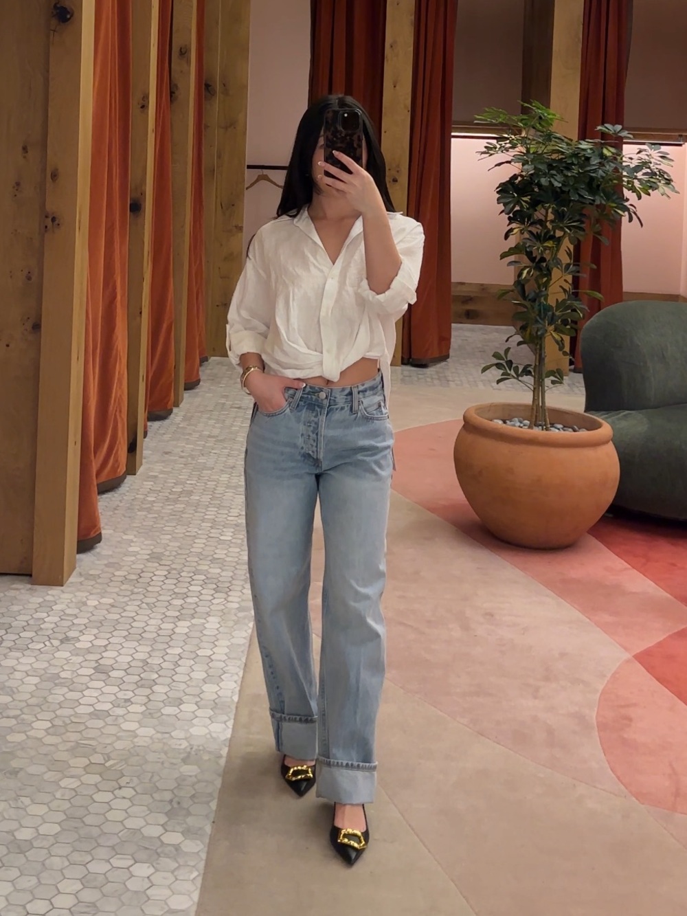 Aritzia White Button-Front Tie Hem Blouse